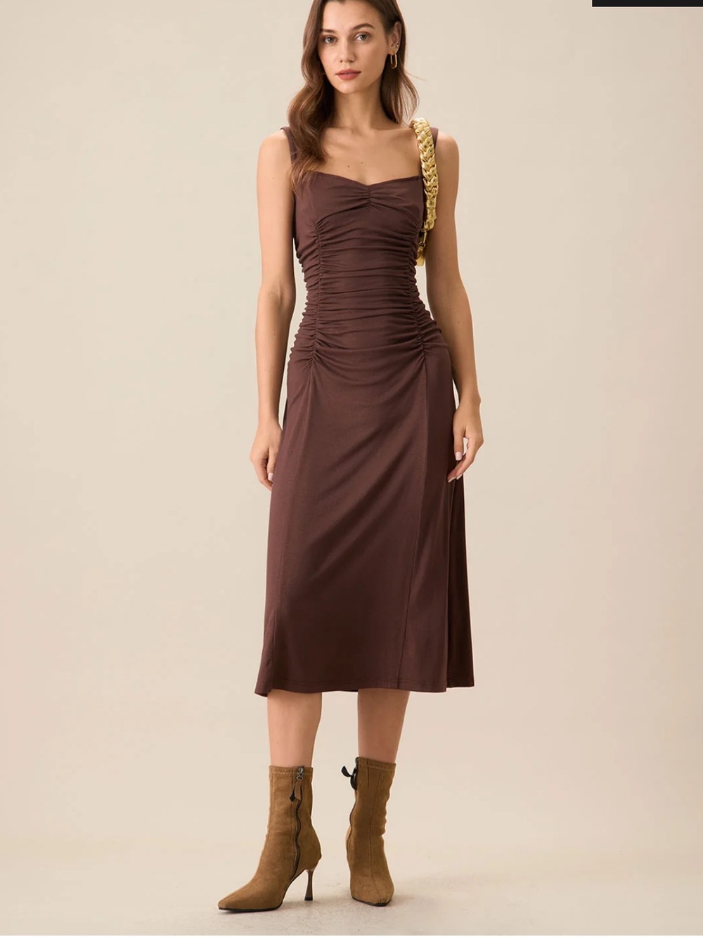 NEW Rihoas Body-con Ruched Coffee Knit Dress Medium